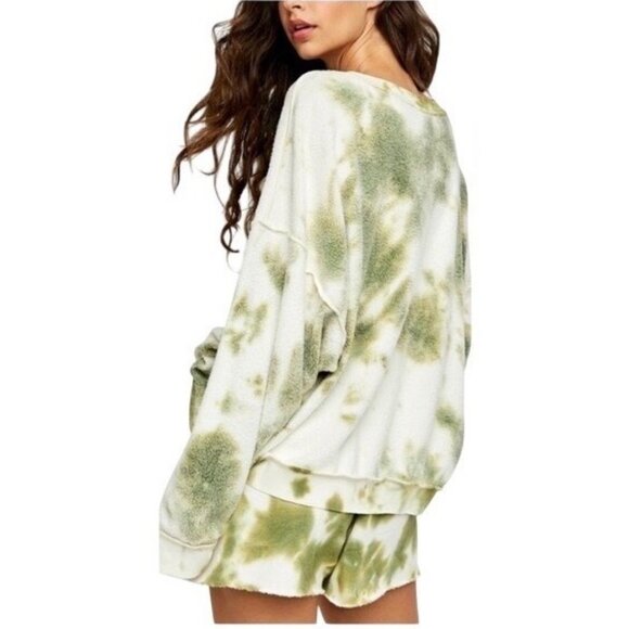 NWT Free People Green White Tie Dye Sweater Shorts Lounge Set | Athleisure Boho - Picture 13 of 15